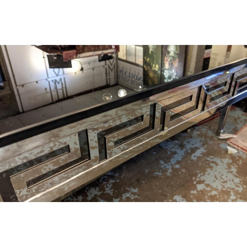 380 - CONSOLE TABLE, 45cm D x 140cm L x 77cm H, smoked glass top, polished metal base with Greek key desig... 