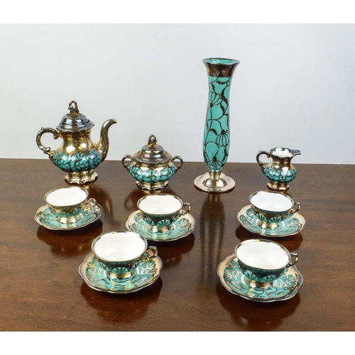 8 - HUTSCHENREUTHER HOHENBERG GERMANY TEA SET, turquoise with silver overlaid, including as teapot, suga... 