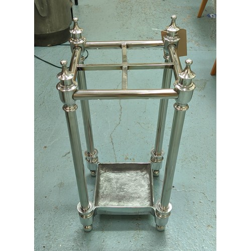 410 - STICK STAND, Victorian style design, polished metal, 30cm sq. x 60cm H.