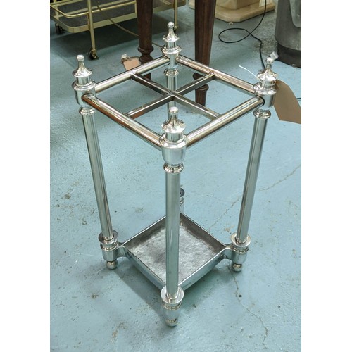 410 - STICK STAND, Victorian style design, polished metal, 30cm sq. x 60cm H.