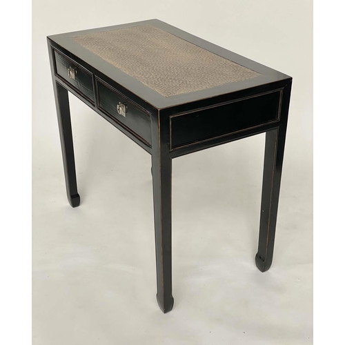 262 - SIDE TABLE, Chinese black lacquered silvered metal mounted and cane inset, 88cm W x 50cm D x 78cm H.