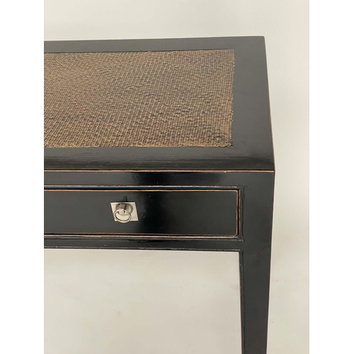 262 - SIDE TABLE, Chinese black lacquered silvered metal mounted and cane inset, 88cm W x 50cm D x 78cm H.