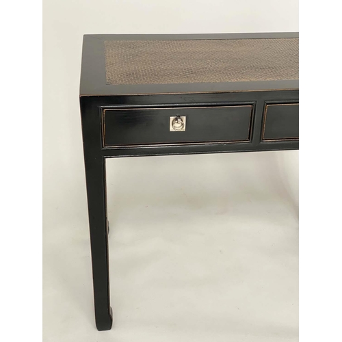 262 - SIDE TABLE, Chinese black lacquered silvered metal mounted and cane inset, 88cm W x 50cm D x 78cm H.