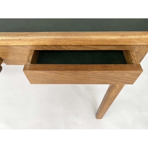 288 - DESK, Bespoke oak with canted back, frieze and tablet drawers and lined writing surface, 150cm W x 7... 