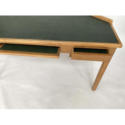 288 - DESK, Bespoke oak with canted back, frieze and tablet drawers and lined writing surface, 150cm W x 7... 