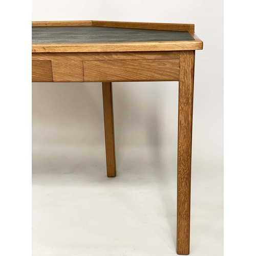 288 - DESK, Bespoke oak with canted back, frieze and tablet drawers and lined writing surface, 150cm W x 7... 