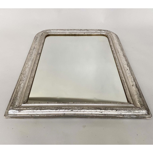 199 - OVERMANTEL, 19th century Italian silvered wood, arched incised moulded frame, 74cm W x 102cm H.