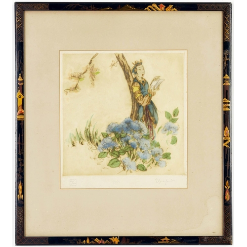 69 - ELYSE LORD, handsigned, The Blue Hydrangea, original etching in colour, numbered in pencil, edition ... 