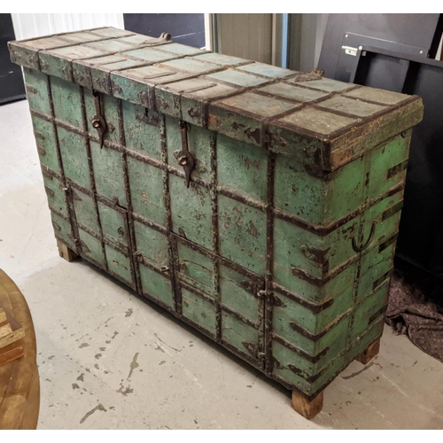 177 - INDIAN DOWRY CHEST, 150cm x 47cm x 97cm, blue painted teak and iron bound with hinged top and two do... 