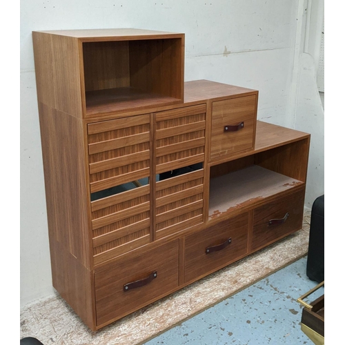 363 - CABINET, contemporary Tansu inspired design, various storage areas, leathered handles, 160cm x 45cm ... 