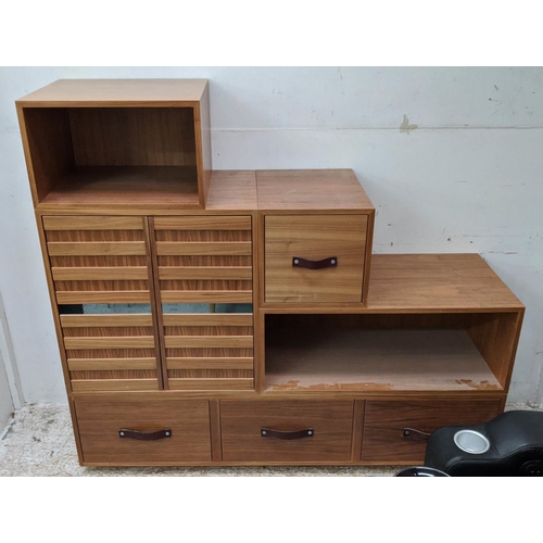 363 - CABINET, contemporary Tansu inspired design, various storage areas, leathered handles, 160cm x 45cm ... 