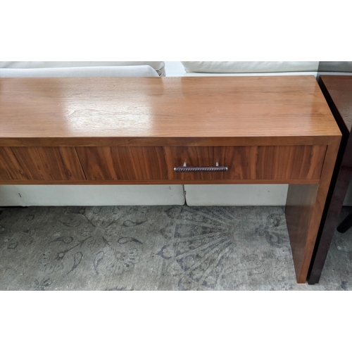 365 - CONSOLE TABLE, contemporary design, two drawers, leathered handles, 150cm x 40cm x 72cm.