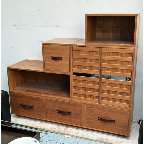 368 - CABINET, contemporary Tansu inspired design, various storage areas, leathered handles, 160cm x 45cm ... 