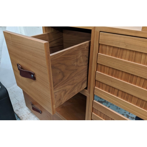 368 - CABINET, contemporary Tansu inspired design, various storage areas, leathered handles, 160cm x 45cm ... 