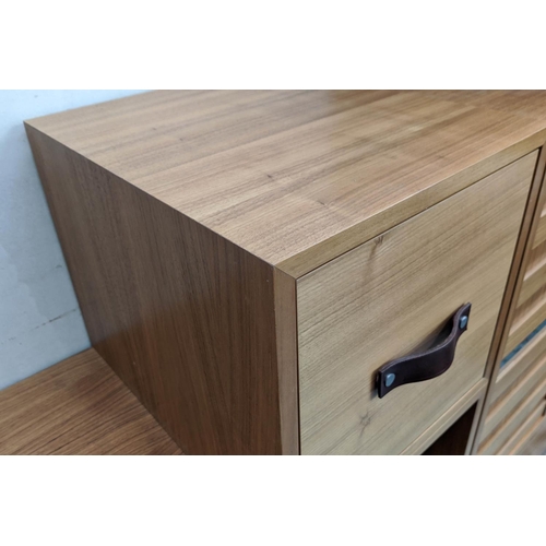 368 - CABINET, contemporary Tansu inspired design, various storage areas, leathered handles, 160cm x 45cm ... 