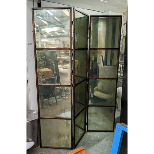 369 - MIRRORED SCREEN, three fold, antiqued mirror plate, 51cm x 204cm per panel.