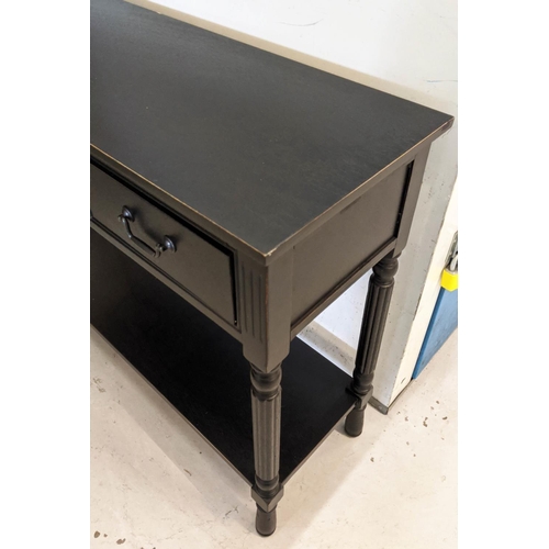 371 - CONSOLE TALBE, 106cm W x 83cm H x 36cm D, ebonised, with three drawers.