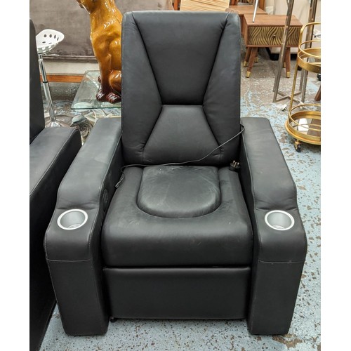 320 - CINEMA ARMCHAIRS, a set of three, black weather upholstered finish, 90cm x 100cm. (3)