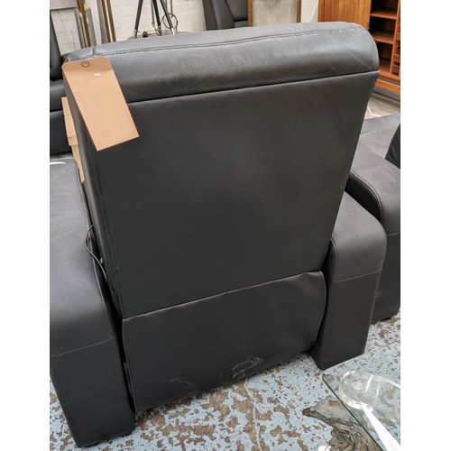 320 - CINEMA ARMCHAIRS, a set of three, black weather upholstered finish, 90cm x 100cm. (3)