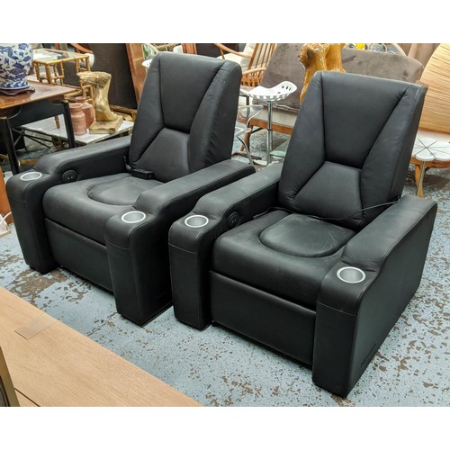 321 - CINEMA ARMCHAIRS, a set of three, black leather upholstered finish, 90cm x 100cm. (3)