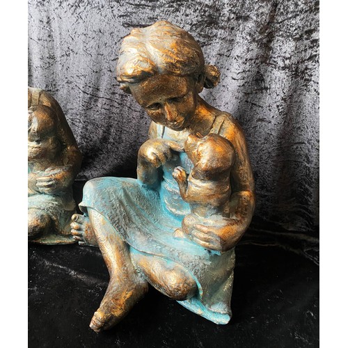 294 - CONTEMPORARY SCHOOL SCULPTURAL STUDIES, girl with puppy dog, a pair, gilt and faux verdigris finishe... 