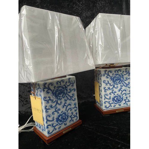 299 - LAUREN RALPH LAUREN HOME TABLE LAMPS, a pair, Chinese export style blue and white ceramic, with shad... 