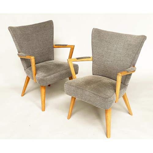 266 - ARMCHAIRS, a pair, 1970s beech framed and grey weave upholstered with angular arms and splay support... 