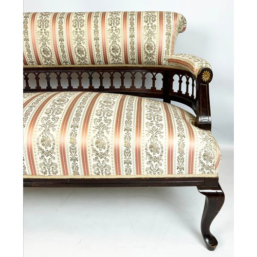 204 - SETTEE, 79cm H x 127cm W, Edwardian mahogany in striped upholstery.