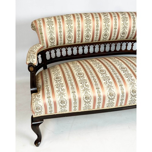 204 - SETTEE, 79cm H x 127cm W, Edwardian mahogany in striped upholstery.