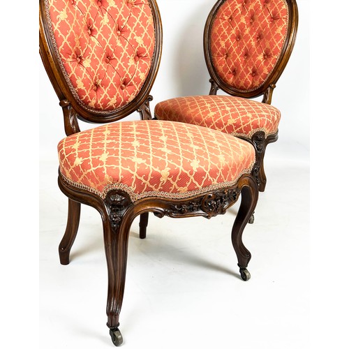 207 - SALON CHAIRS, 101cm H x 54cm W, a pair, Napoleon III rosewood, circa 1870 in pink trellis fabric. (2... 