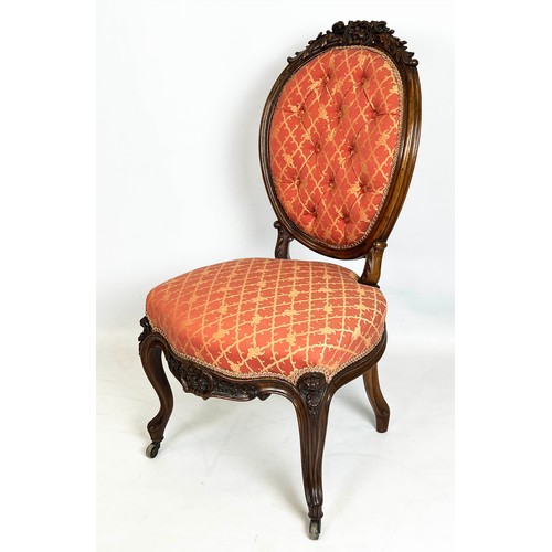 207 - SALON CHAIRS, 101cm H x 54cm W, a pair, Napoleon III rosewood, circa 1870 in pink trellis fabric. (2... 