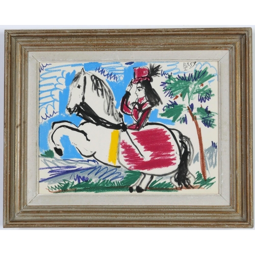 46 - PABLO PICASSO, Woman on Horseback, off set lithograph, dated in the plate, suite Toros, vintage Fren... 