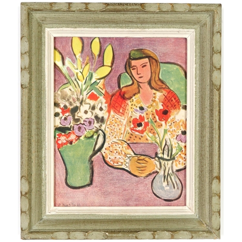 47 - HENRI MATISSE, Jeune Femme avec fleurs, signed in the plate, off set lithograph, vintage French fram... 
