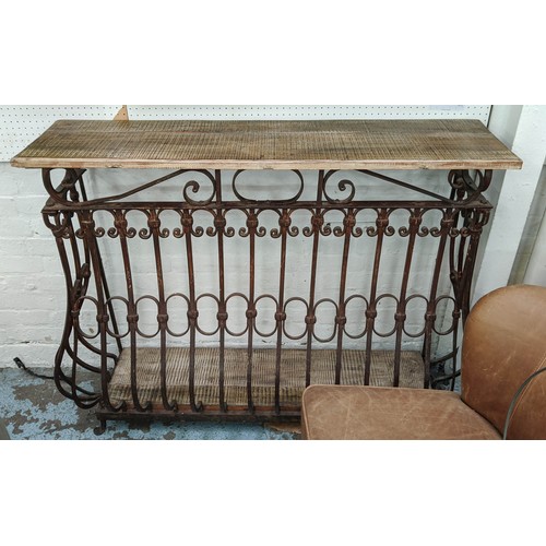 427 - CONSOLE TABLES, two, 135cm x 40cm x 104cm, French provincial style design, wrought metal base. (2)