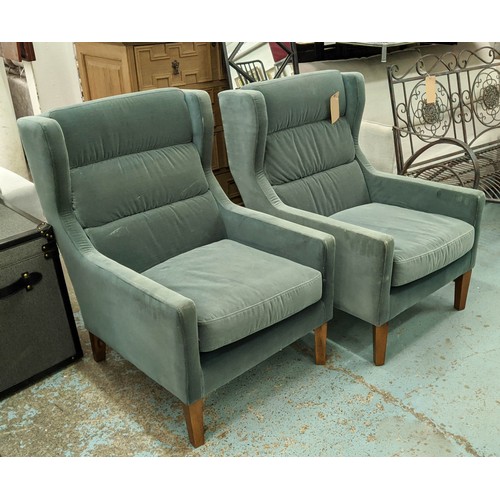 429 - ARMCHAIRS, a pair, mid century Danish style design, 85cm x 65cm x 96cm, blue velvet upholstered. (2)