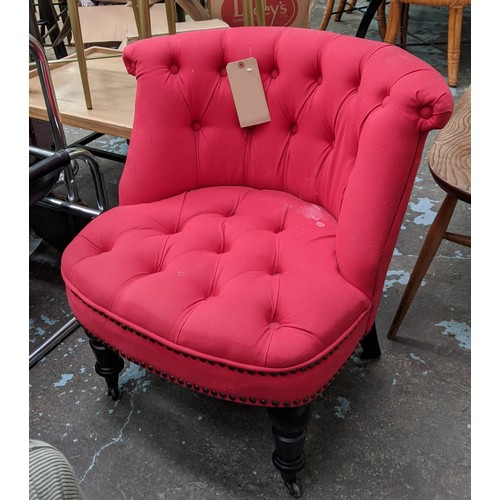 432 - BOUDOIR CHAIR, 70cm H, red button back fabric upholstered.