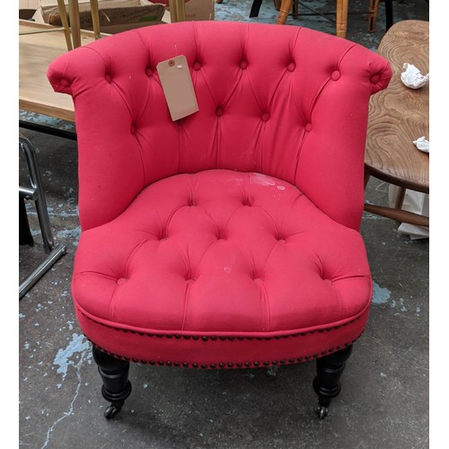 432 - BOUDOIR CHAIR, 70cm H, red button back fabric upholstered.