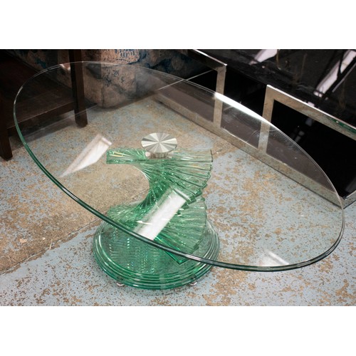 422 - HELIX COCKTAIL TABLE, 41cm H x 118cm x 66cm, glass and steel with oval top on helix support.