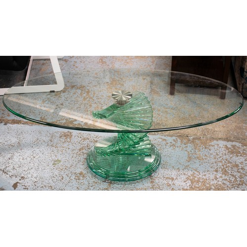 422 - HELIX COCKTAIL TABLE, 41cm H x 118cm x 66cm, glass and steel with oval top on helix support.