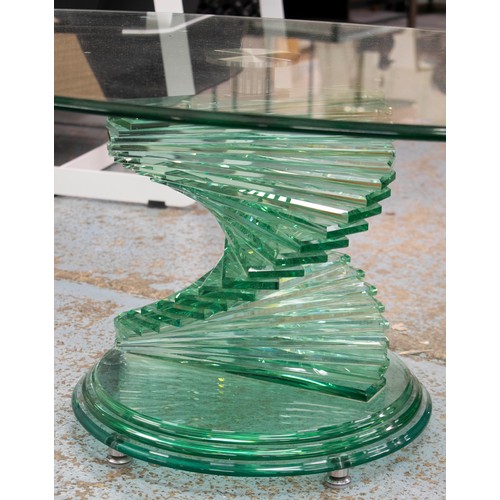 422 - HELIX COCKTAIL TABLE, 41cm H x 118cm x 66cm, glass and steel with oval top on helix support.