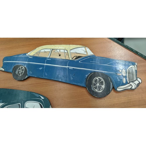 440 - VINTAGE CAR WALL PANELS, 20th century polychrome finish, 89cm x 44cm at largest. (3)