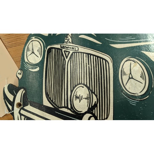 440 - VINTAGE CAR WALL PANELS, 20th century polychrome finish, 89cm x 44cm at largest. (3)