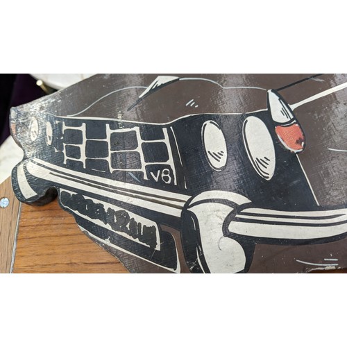 440 - VINTAGE CAR WALL PANELS, 20th century polychrome finish, 89cm x 44cm at largest. (3)