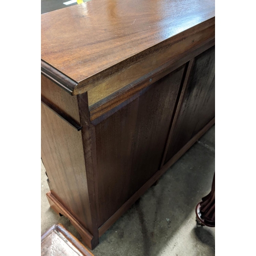 234 - LOW BREAKFRONT BOOKCASE, 33cm D x 76cm H x 155cm W, late 20th century Victorian style mahogany with ... 