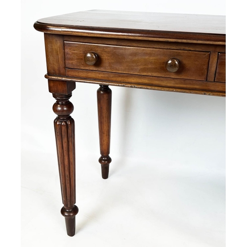 230 - WRITING TABLE, 70cm H x 91cm x 47cm, Victorian mahogany with two drawers on reeded front legs.