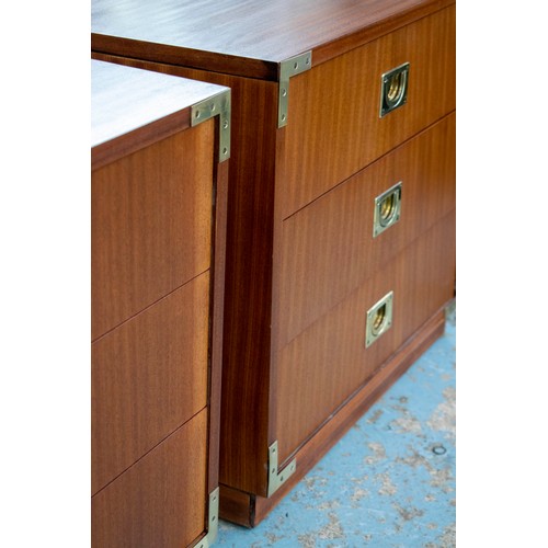 228 - CAMPAIGN STYLE BEDSIDE CHESTS, 55cm H x 61cm x 36cm, a pair, sapele and brass mounted of three drawe... 