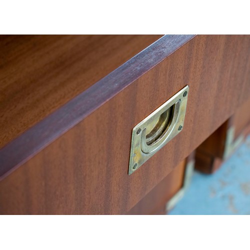 228 - CAMPAIGN STYLE BEDSIDE CHESTS, 55cm H x 61cm x 36cm, a pair, sapele and brass mounted of three drawe... 