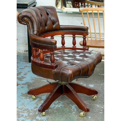 229 - DESK CHAIR, 91cm H x 65cm, brown leather with swivel seat.