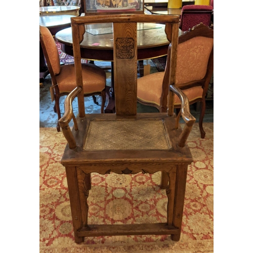 225 - CHINESE ARMCHAIR, 57cm W x 106cm H, 19th century elm with carved detail and rattan seat.