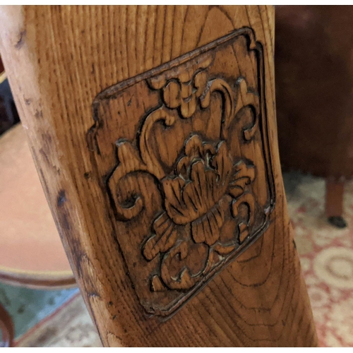 225 - CHINESE ARMCHAIR, 57cm W x 106cm H, 19th century elm with carved detail and rattan seat.